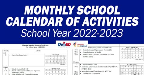 DepEd Monthly School Calendar of Activities For School Year.